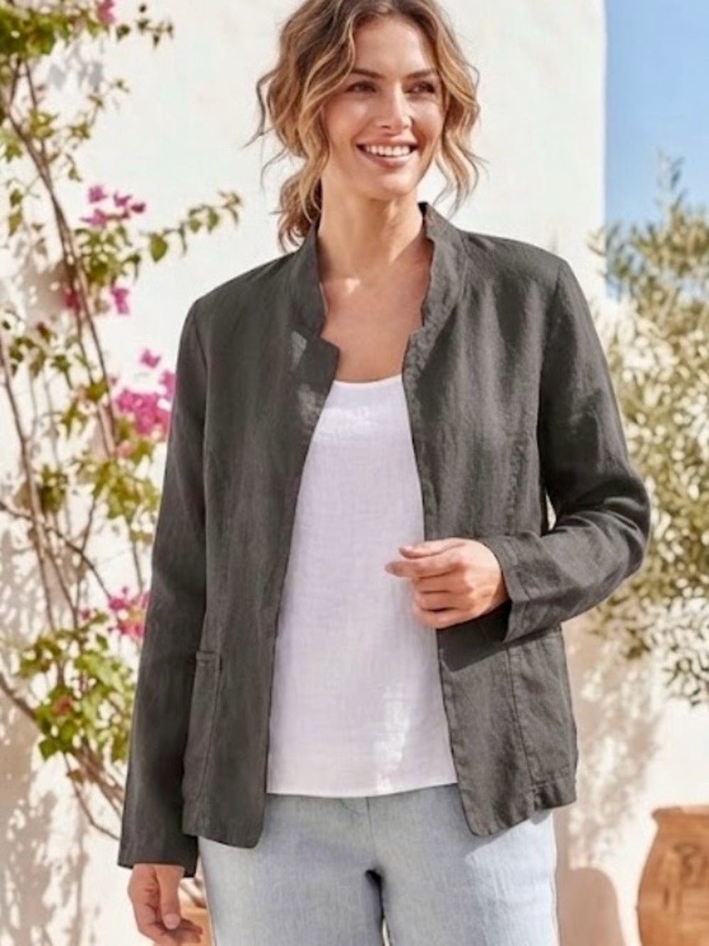 Angela Mara Made in Italy 100% Linen Open Blazer Jacket Charcoal Grey XL